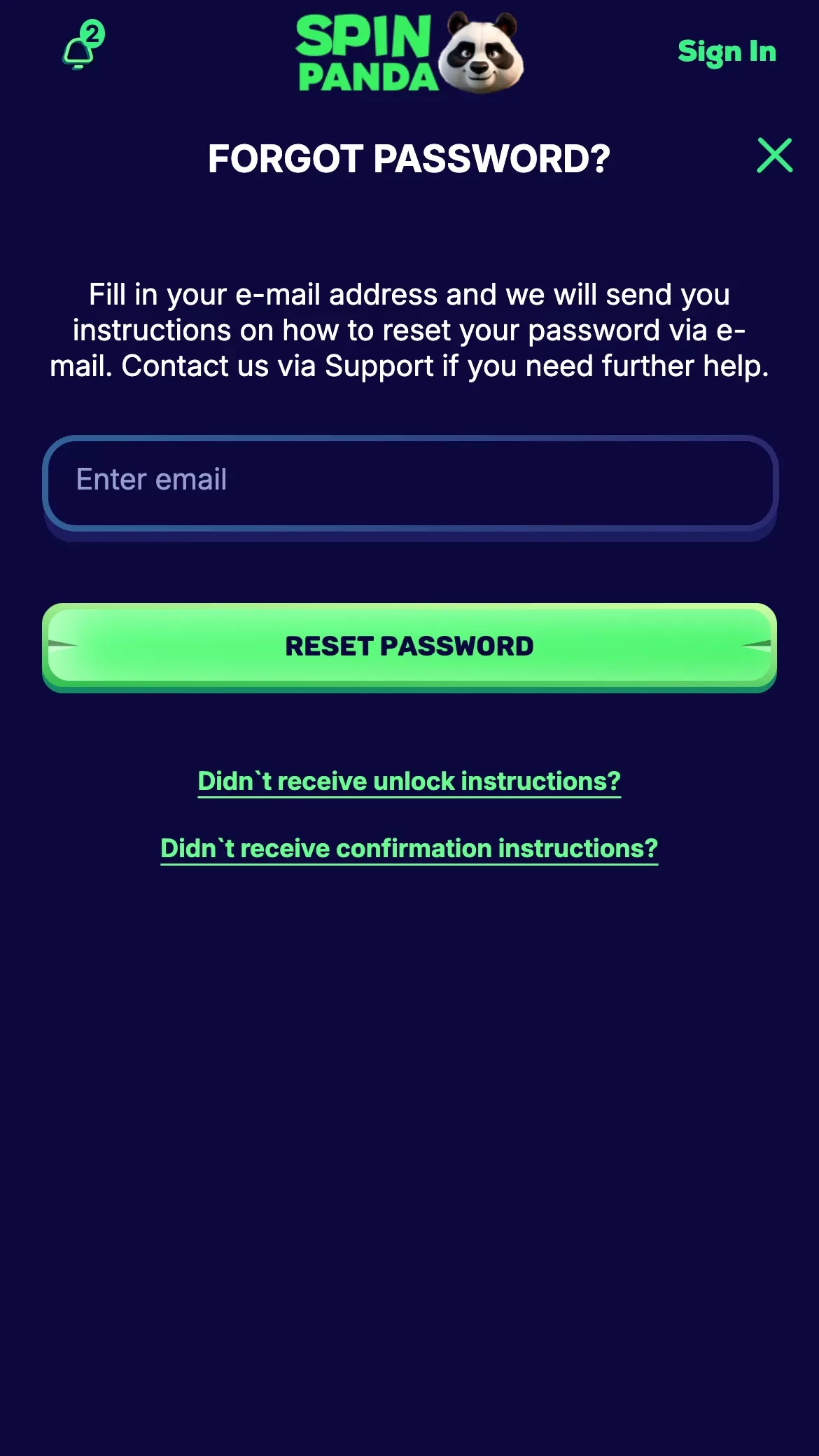 SpinPanda Casino Login Forgot Pass