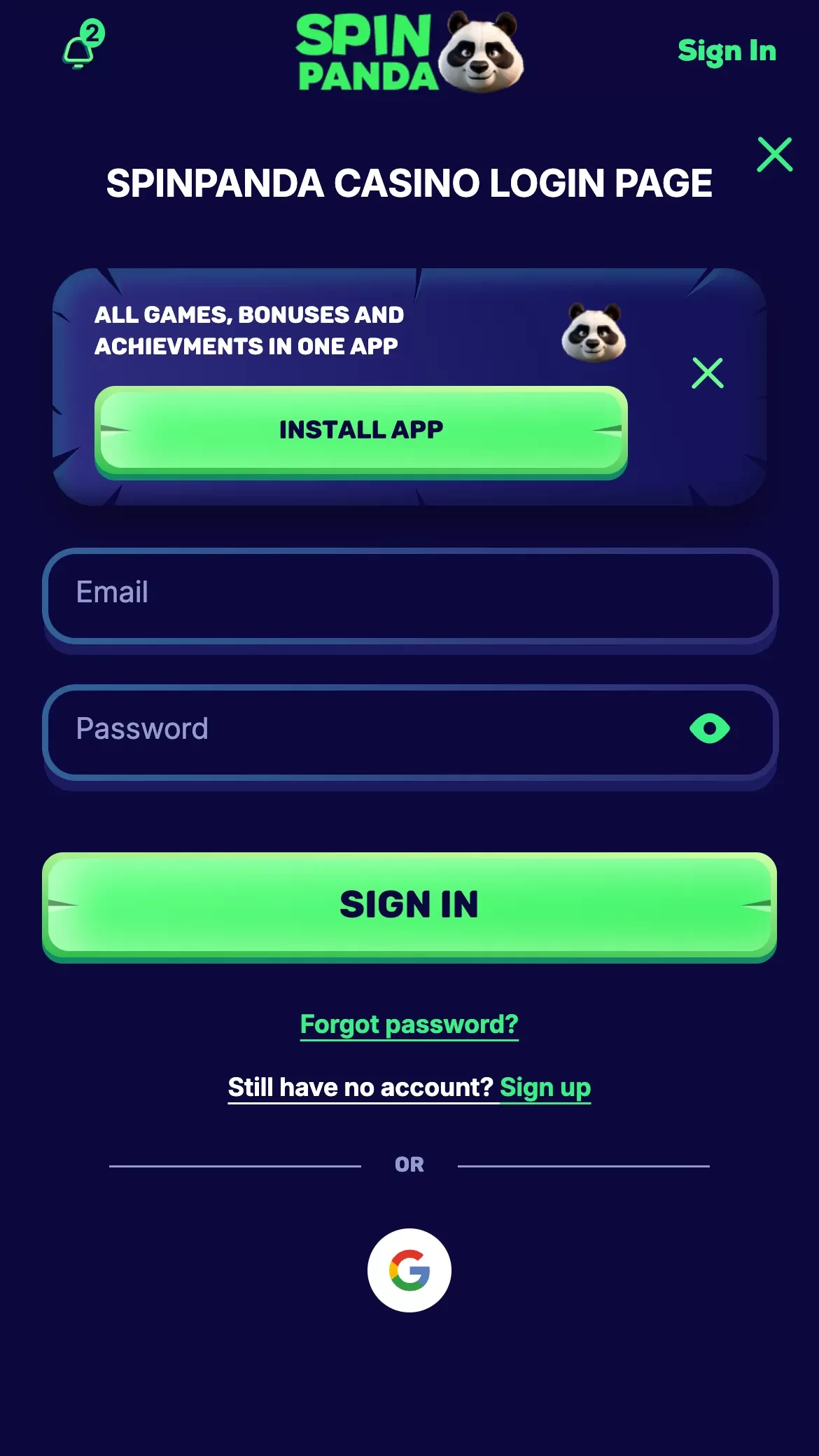 SpinPanda Casino Login Form